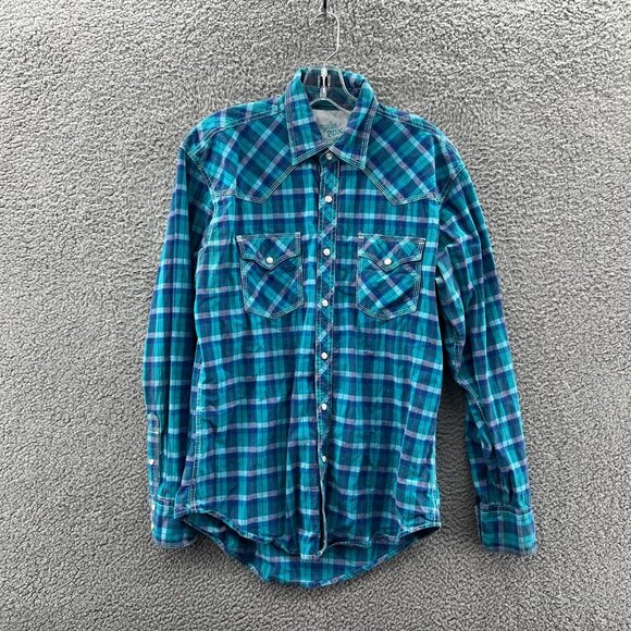 Wrangler 20X Competition Pearl Snap Shirt Mens M Long Sleeve Blue Plaid Cowboy - Picture 1 of 8